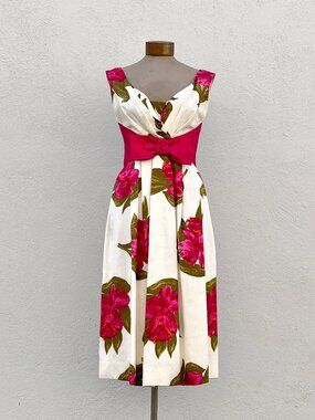Vintage 50s Miss Jane White & Magenta Hibiscus Print Party Dress